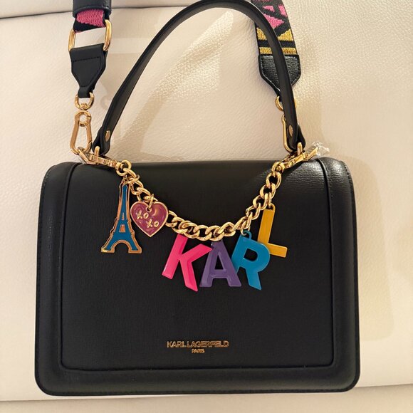 NWT KARL LAGERFELD SIMONE CHARM LOGO SHOULDER BAG CROSSBODY SATCHEL BLACK - Picture 1 of 8
